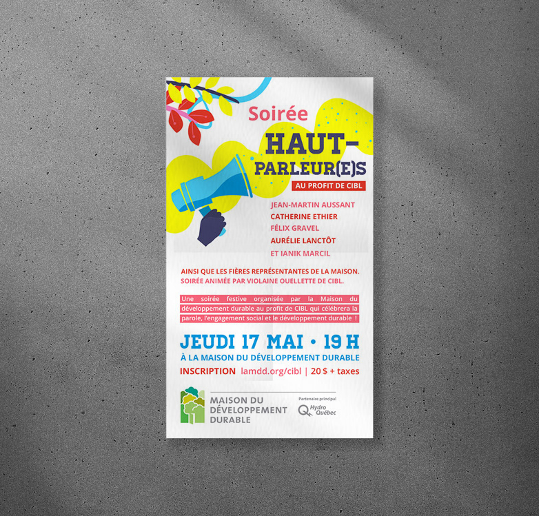 Affiche soirée-bénéfice Haut-parleur(e)s La Maison du développement durable de Montréal