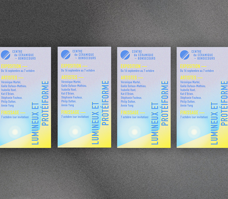Quatre visuels format vertical de l'exposition Lumineux et Protéiforme Centre Céramique Bonsecours Montréal